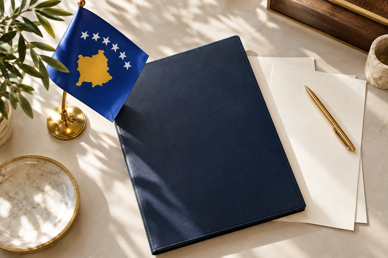 Kosova bayrağı ve belge hazırlığını temsil eden yapay zekâ görseli
